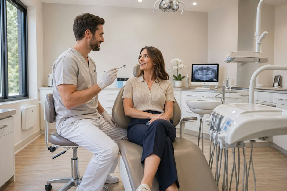 A dentist talking with a patient in a bright modern dental clinic