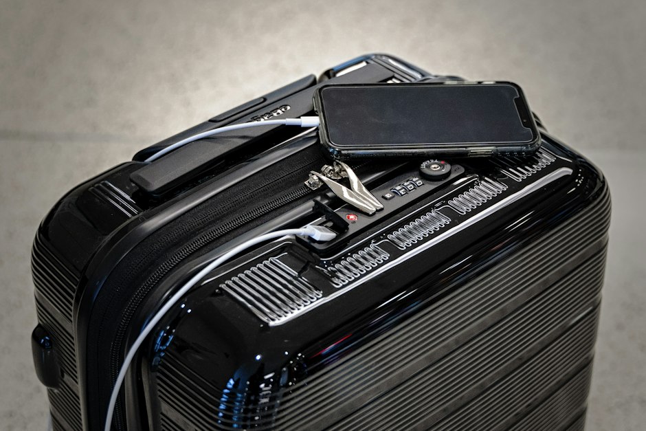 A black hard-shell suitcase with a phone resting on top